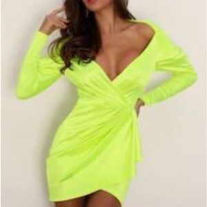 SHEIN | JOYFUNEAR neon green plunge neck wrap hem satin dress